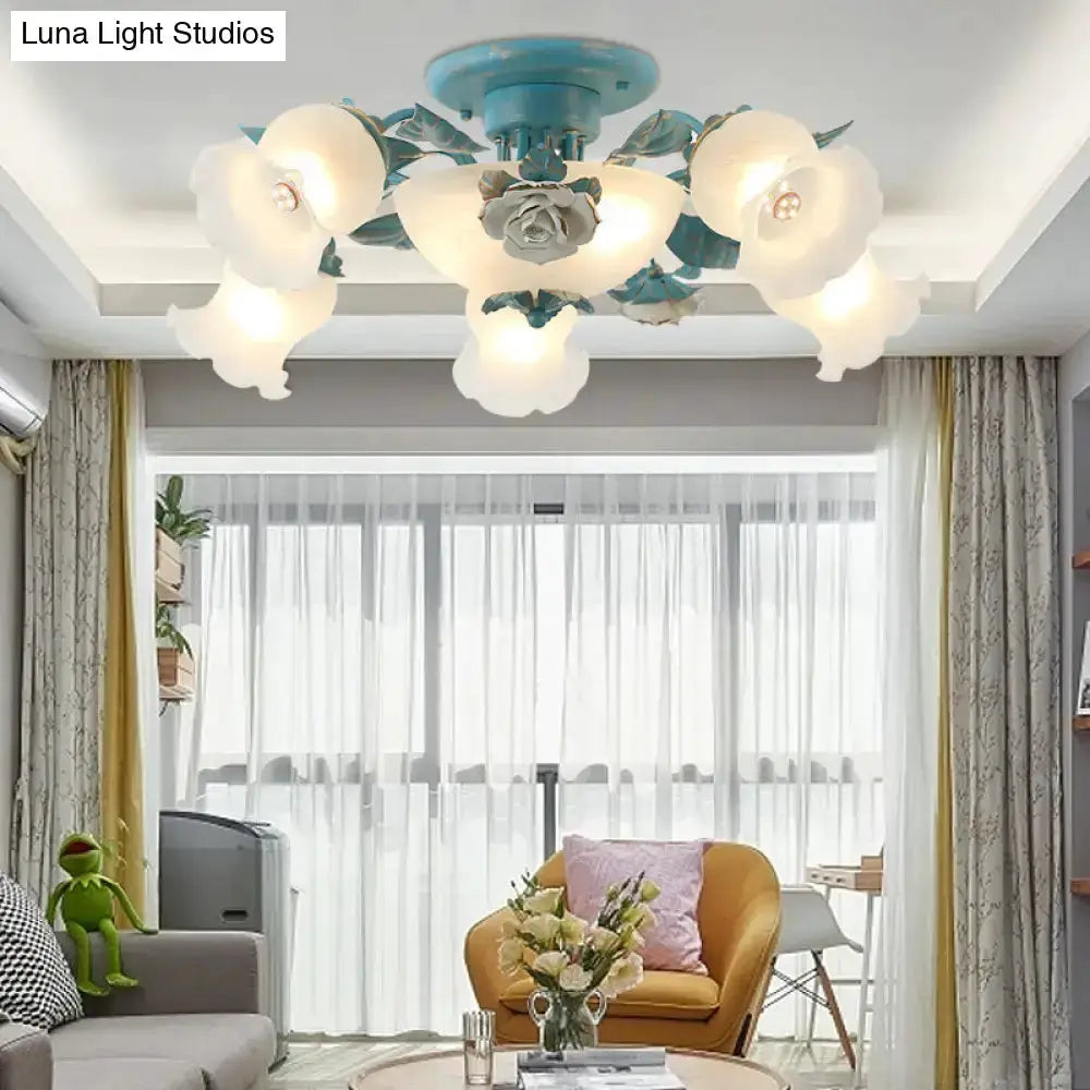 Korean garden flower teal frost glass ceiling light fixture with flower petal lamps on Tampa Home & Garden Store