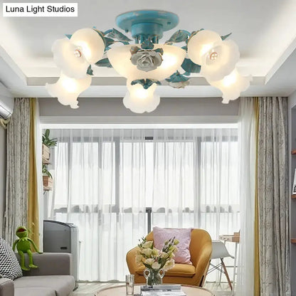 Korean garden flower teal frost glass ceiling light fixture with flower petal lamps on Tampa Home & Garden Store