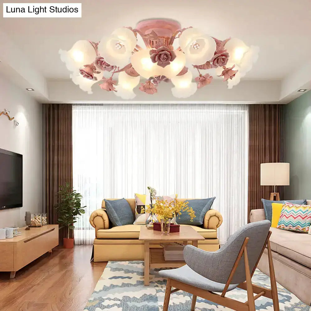 Ceiling light: Korean garden flower teal frost glass fixture by Decorbites in a living room on Tampa Home & Garden Store