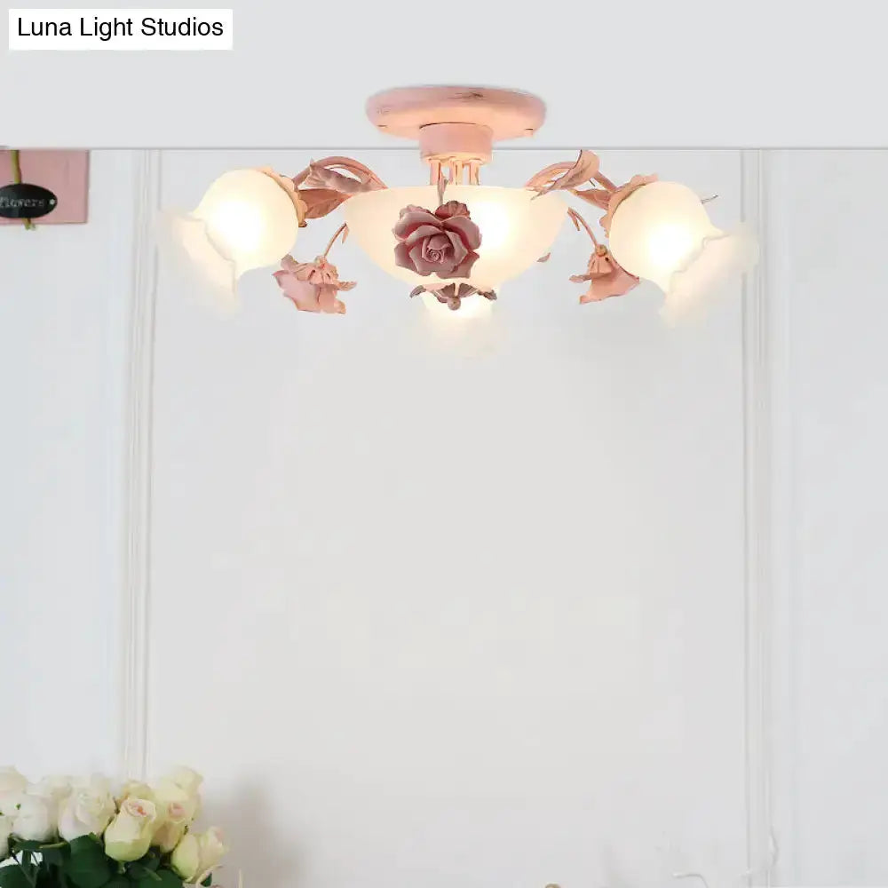 Korean garden flower pink frosted glass ceiling light with rose accents by Decorbites on Tampa Home & Garden Store
