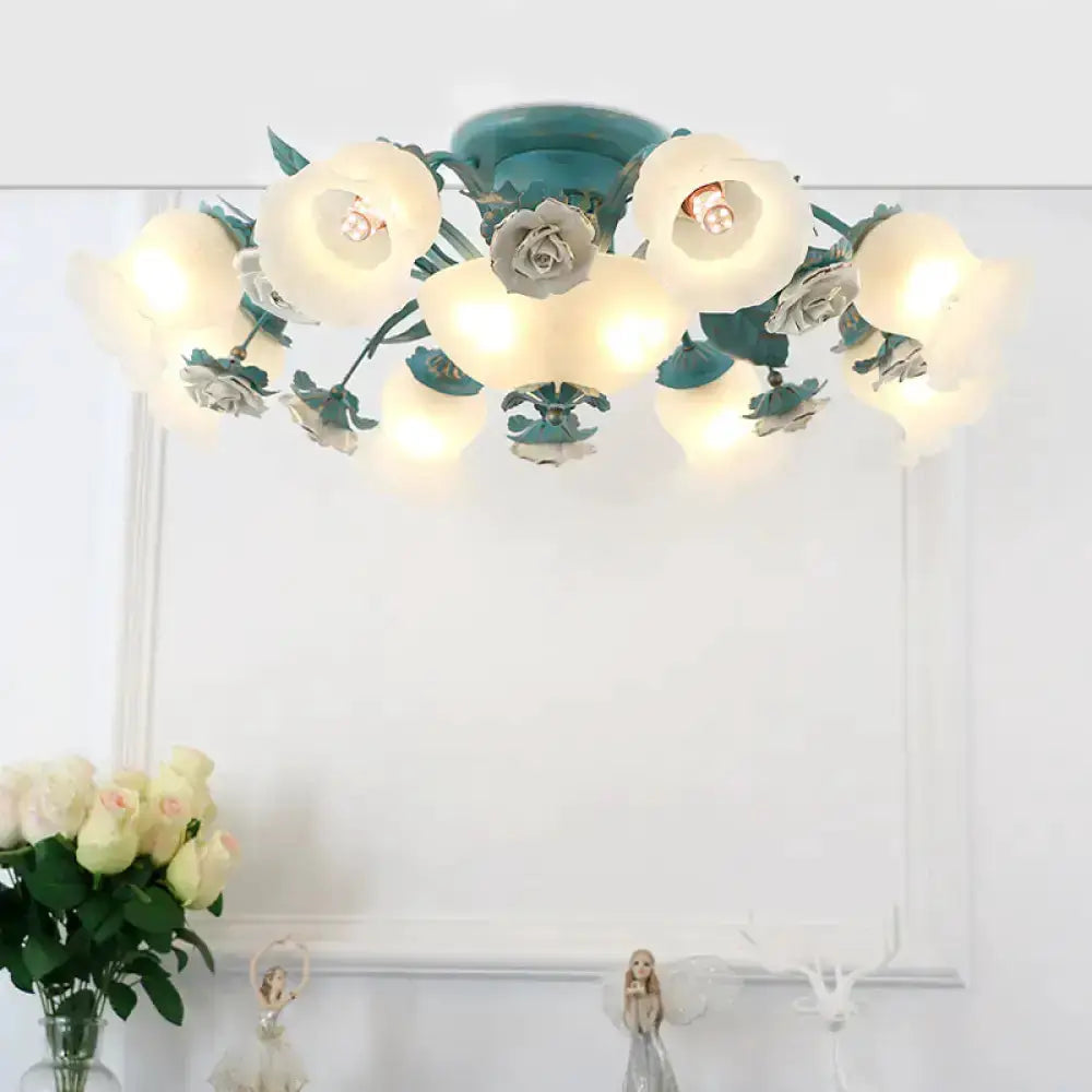Korean garden flower teal frost glass ceiling light Decorbites fixture with frosted petals on Tampa Home & Garden Store