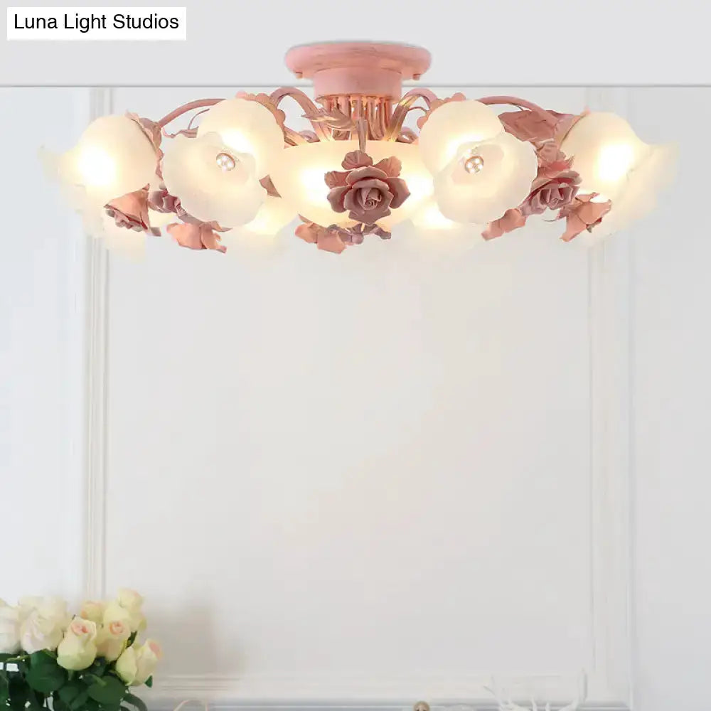 Korean garden flower ceiling light by Decorbites with pink frosted glass petals and warm bulbs on Tampa Home & Garden Store