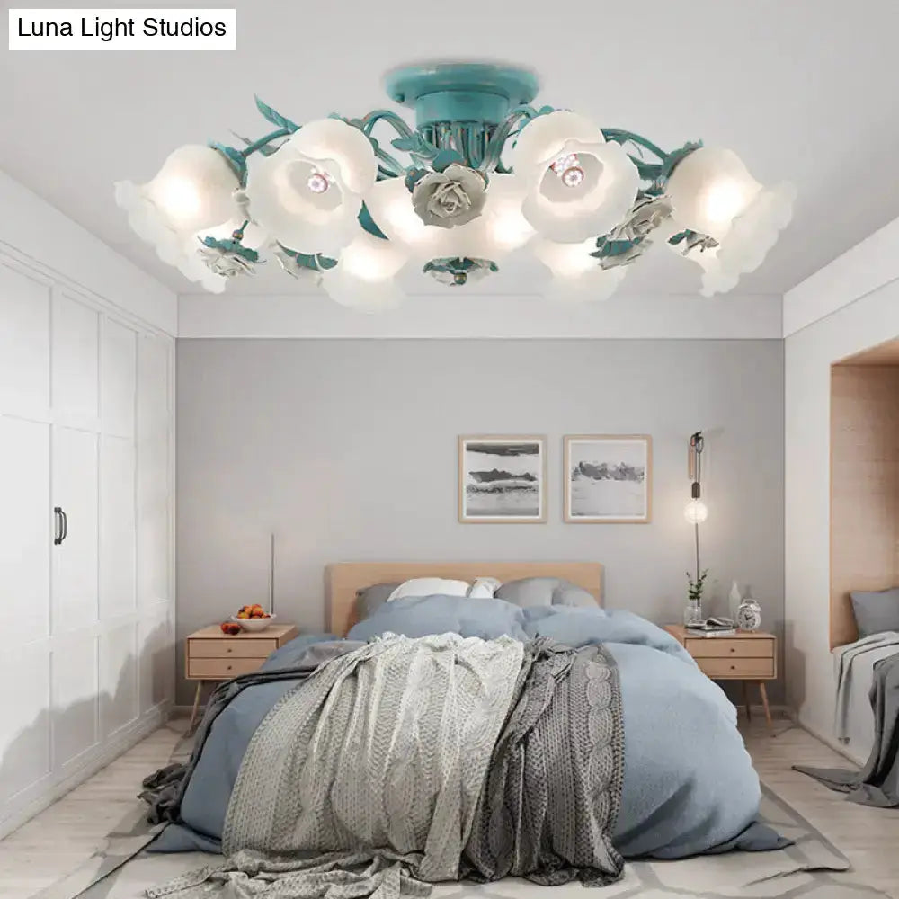Korean garden flower teal frost glass ceiling light with teal petals in bedroom on Tampa Home & Garden Store