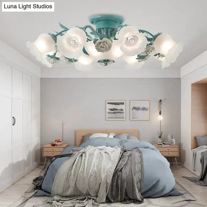 Korean garden flower teal frost glass ceiling light with teal petals in bedroom on Tampa Home & Garden Store