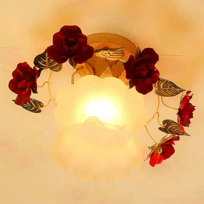 Korean garden ruffle frost white glass ceiling light with red rose accents Decorbites on Tampa Home & Garden Store