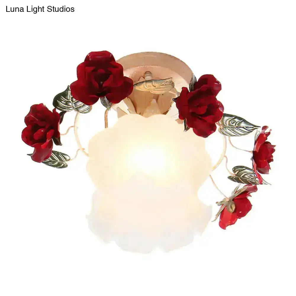 Korean garden ruffle frost white glass ceiling light with red rose decor by Decorbites on Tampa Home & Garden Store