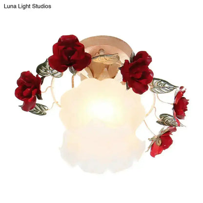 Korean garden ruffle frost white glass ceiling light with red rose decor by Decorbites on Tampa Home & Garden Store