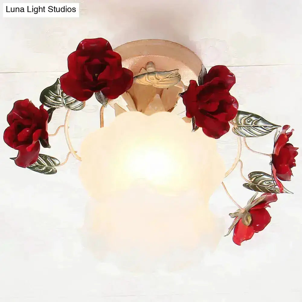 Decorbites Korean garden rose ceiling light with frost white glass shade and red roses on Tampa Home & Garden Store