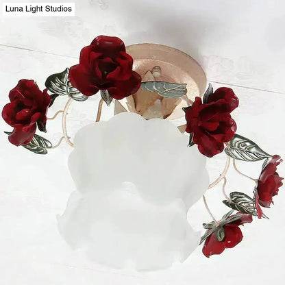 Korean garden ruffle frost white glass ceiling light with red rose accents Decorbites on Tampa Home & Garden Store