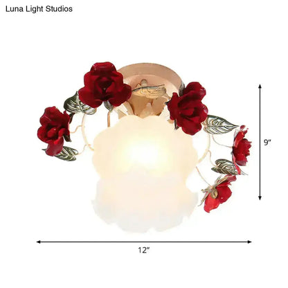 Korean garden ruffle frost white glass ceiling light with red rose decor by Decorbites for bedroom on Tampa Home & Garden Store
