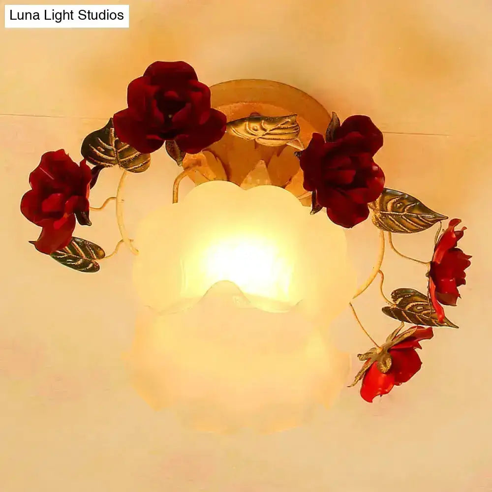 Korean garden ruffle frost white glass ceiling light with red rose wreath decor by Decorbites on Tampa Home & Garden Store