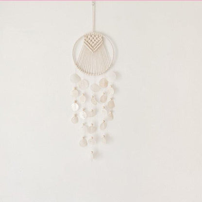 Wind chime with shells and macrame hoop by Stevvex for wall decor with cascading beads on Tampa Home & Garden Store