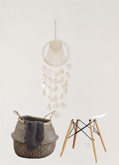 Korean Style Shell Wind Chime with white macrame hoop and shell discs, Stevvex on Tampa Home & Garden Store