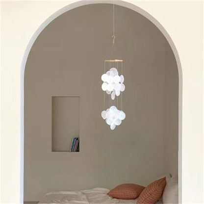 Korean style wind chime with white flower shell clusters, dual hanging bells on Tampa Home & Garden Store