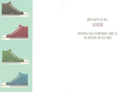 Birthday greeting card for grandson with sneaker collage on left and message on right on Tampa Home & Garden Store