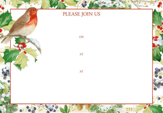 Winter Song fill-in invitations with envelopes, holly border and robin illustration on Tampa Home & Garden Store