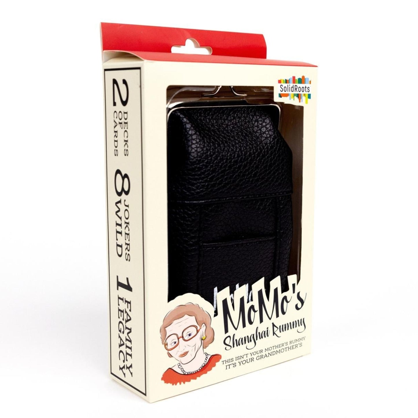 Rummy card game in original branded packaging box with black card case on a white background