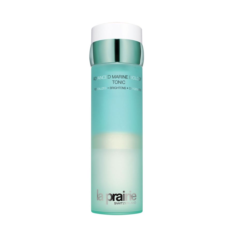 La Prairie Advanced Marine Biology Tonic bottle in turquoise gradient with white cap on Tampa Home & Garden Store