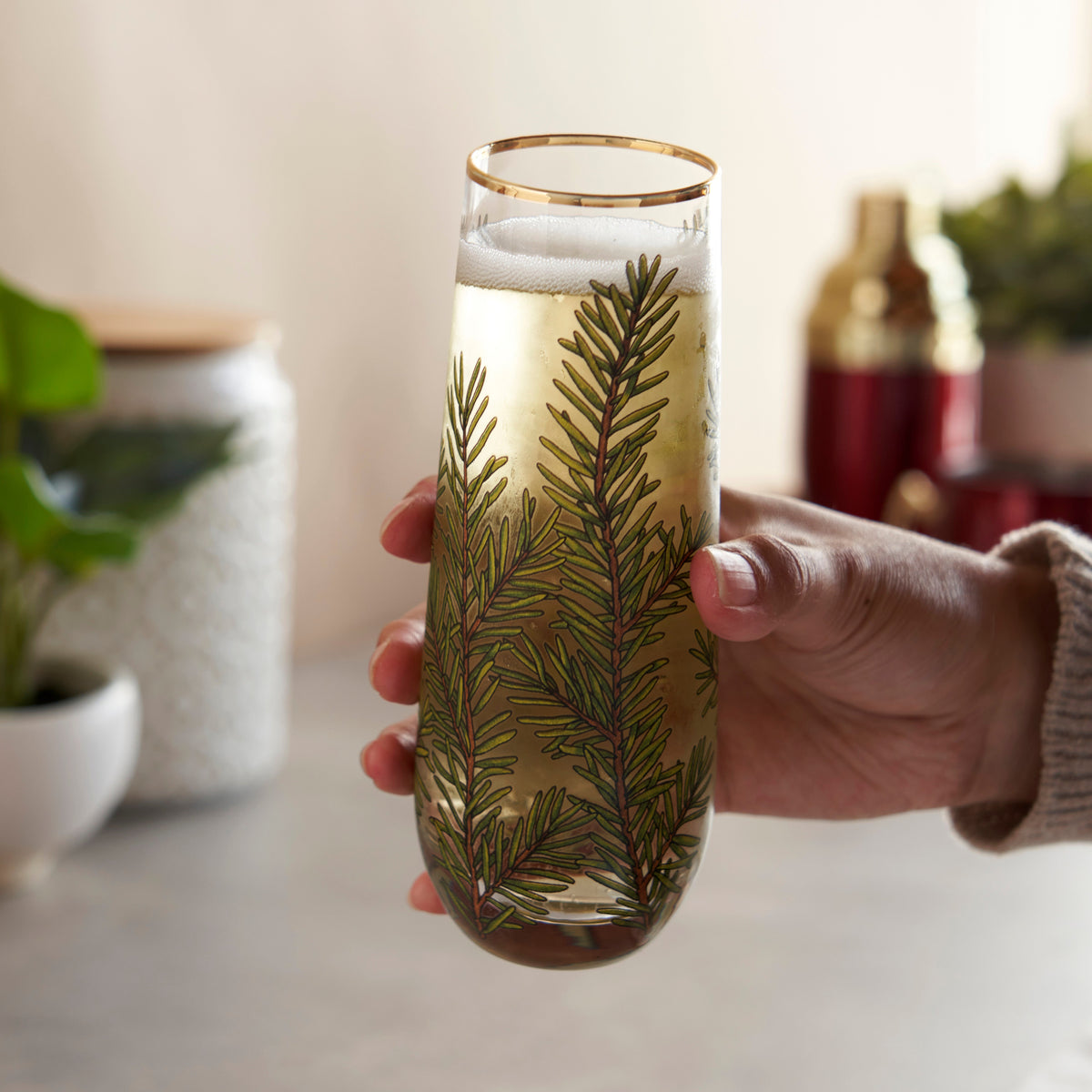 Twine Living Woodland stemless champagne flute with pine needle pattern and gold rim on Tampa Home & Garden Store