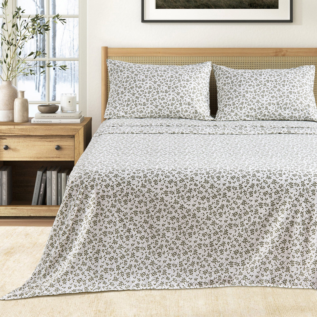 Printed Sheet Set Baylor Collection by Great Bay Home white with brown leaf print 2 pillows on Tampa Home & Garden Store