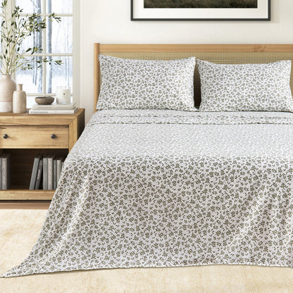 Printed Sheet Set Baylor Collection by Great Bay Home white with brown leaf print 2 pillows on Tampa Home & Garden Store