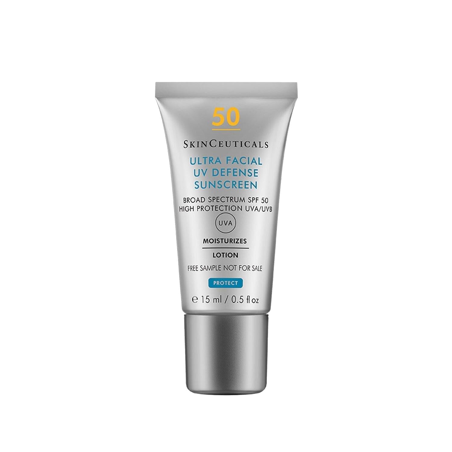 SkinCeuticals Ultra Facial UV Defense SPF50+ sunscreen tube, 15 ml, silver packaging on Tampa Home & Garden Store