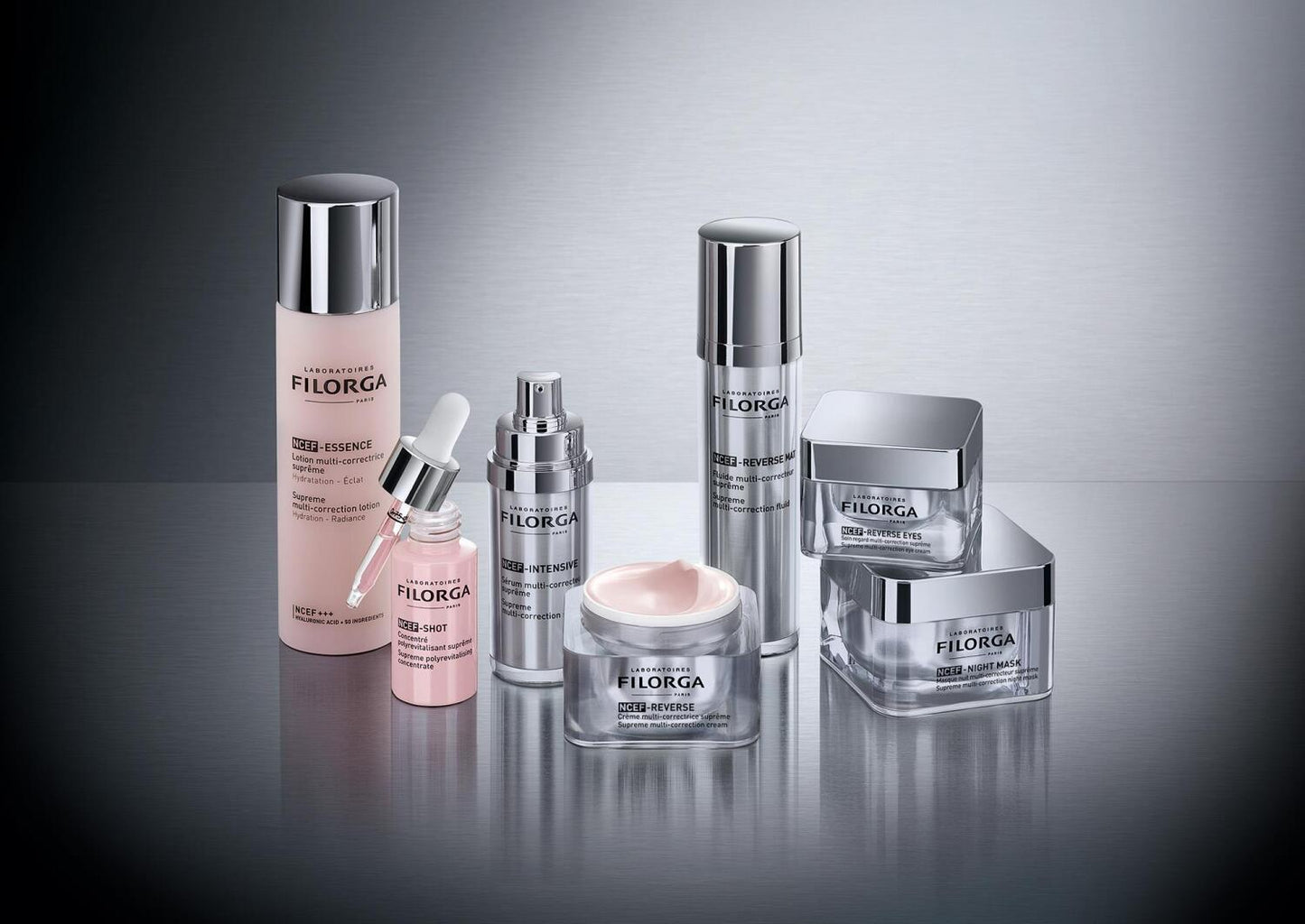Filorga facial skincare set with silver bottles and pink serum bottle on Tampa Home & Garden Store