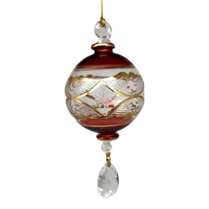Etched Blown Glass Ball with Crystal Dangle - Red