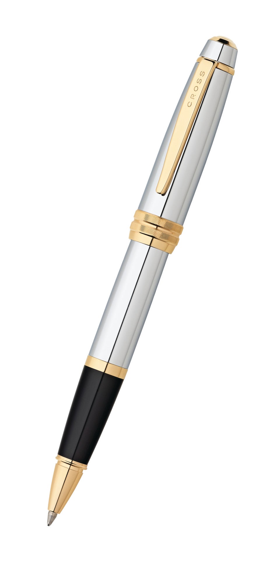 Cross Bailey Medalist rollerball pen with silver chrome body, gold clip and black grip on Tampa Home & Garden Store