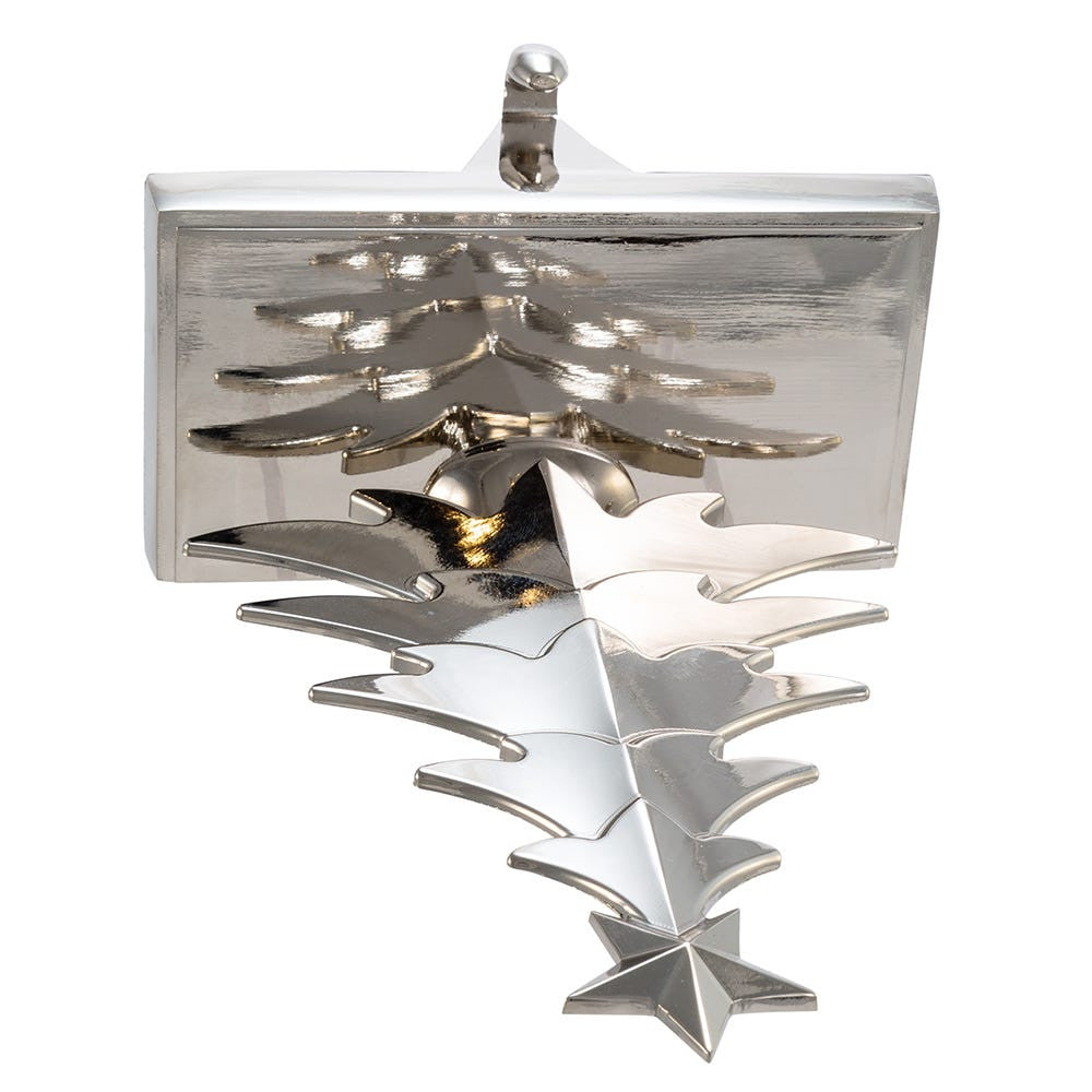 Polished silver Christmas stocking hanger with tiered star branches and rectangular base on Tampa Home & Garden Store