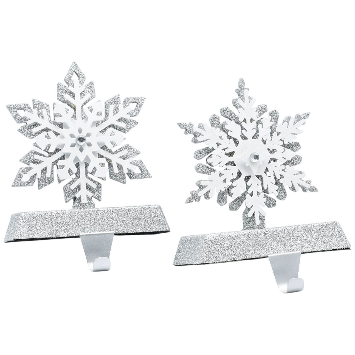 Lighted Snowflake Stocking Hanger pair with glittery white snowflakes and metal hooks on Tampa Home & Garden Store