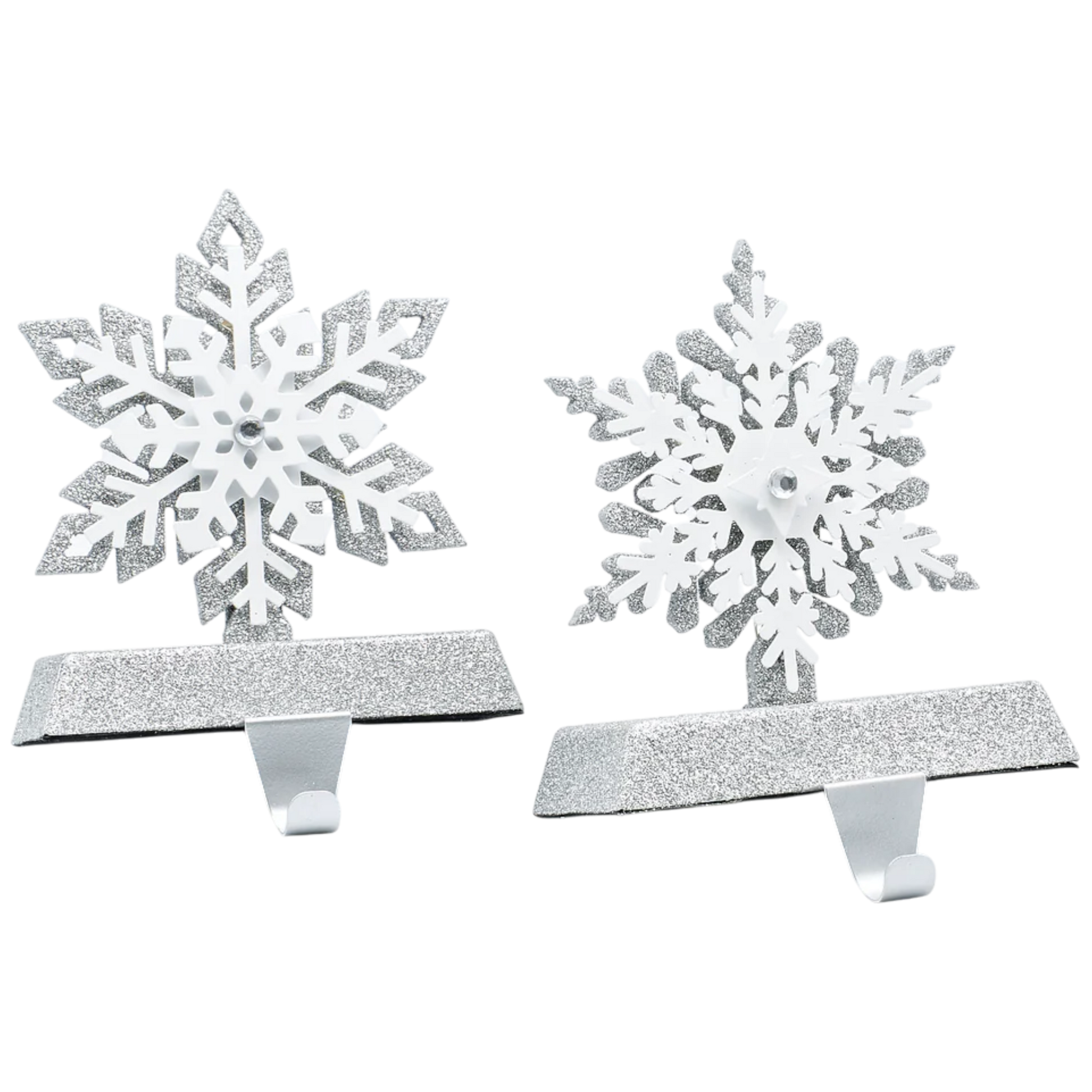 Lighted Snowflake Stocking Hanger pair with glittery white snowflakes and metal hooks on Tampa Home & Garden Store