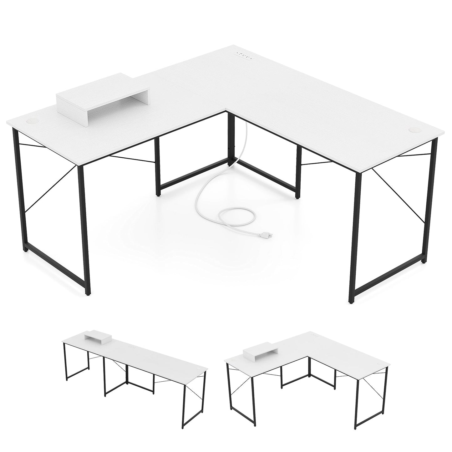 Escritorio esquinero largo reversible en forma de L para 2 personas de 95 pulgadas con soporte para monitor - Negro