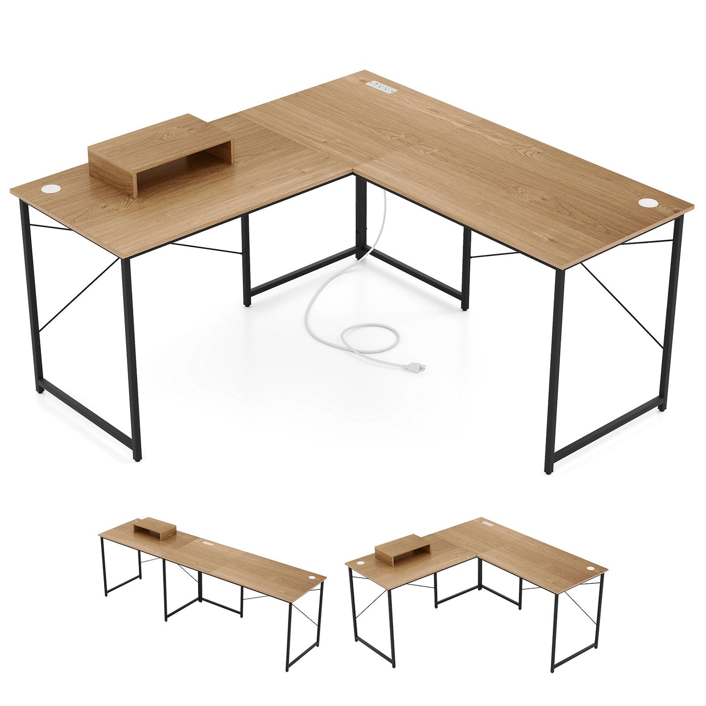 Escritorio esquinero largo reversible en forma de L para 2 personas de 95 pulgadas con soporte para monitor - Negro