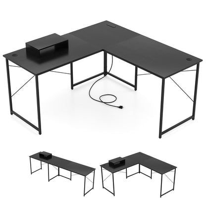 Escritorio esquinero largo reversible en forma de L para 2 personas de 95 pulgadas con soporte para monitor - Negro