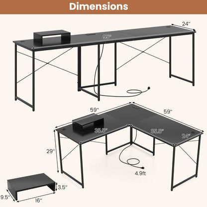 Escritorio esquinero largo reversible en forma de L para 2 personas de 95 pulgadas con soporte para monitor - Negro