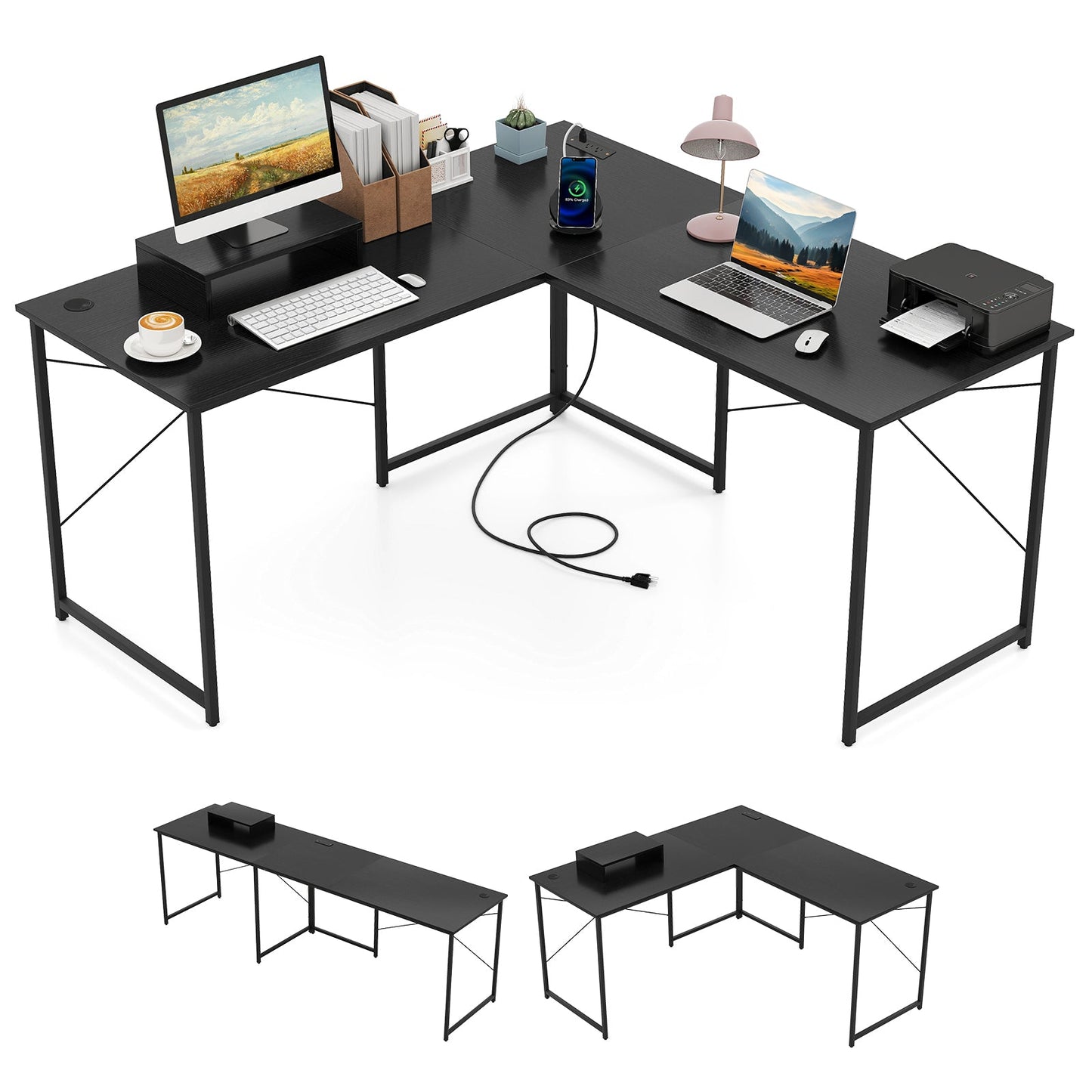 Escritorio esquinero largo reversible en forma de L para 2 personas de 95 pulgadas con soporte para monitor - Negro