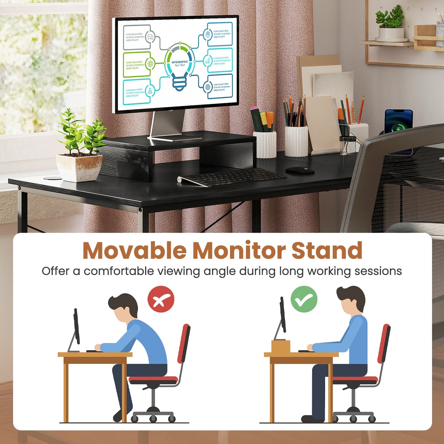 Escritorio esquinero largo reversible en forma de L para 2 personas de 95 pulgadas con soporte para monitor - Negro