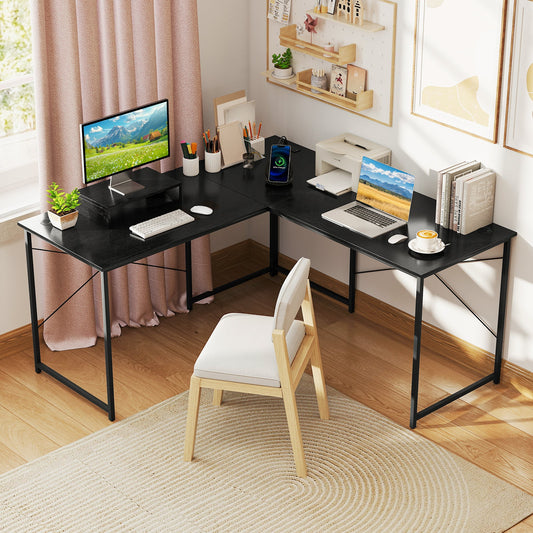 95 Inch 2-Person L-Shaped Long Reversible Computer Desk with Monitor Stand-Black - Tampa Home & Garden Store
