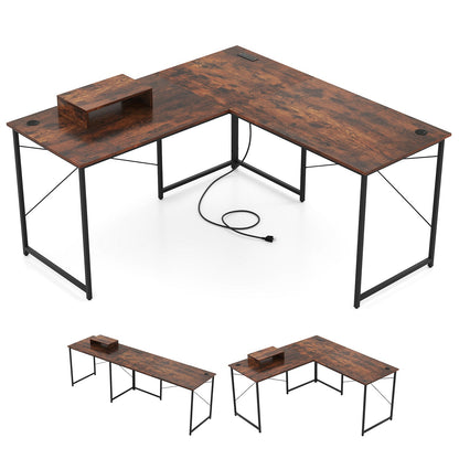 Escritorio esquinero largo reversible en forma de L para 2 personas de 95 pulgadas con soporte para monitor - Negro