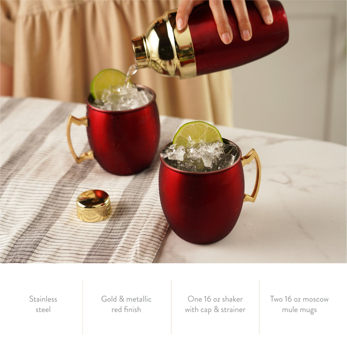 Twine Living red mule mug and cocktail shaker gift set; two red mugs with gold-tone handles on Tampa Home & Garden Store