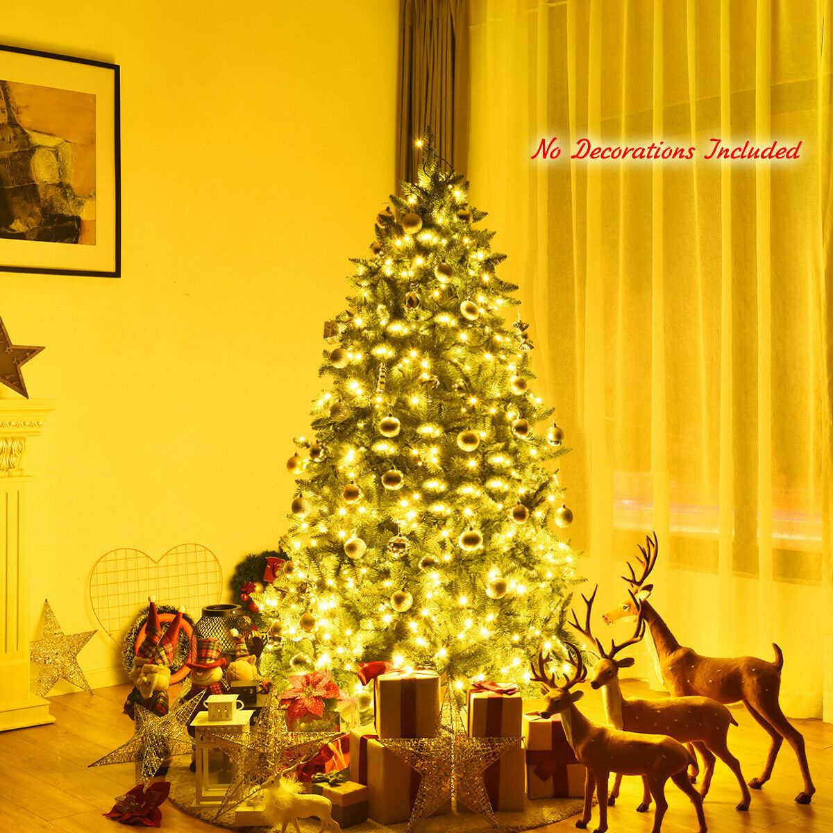 Premium Hinged Artificial Fir Christmas Tree with warm white LED lights and gold ornaments on Tampa Home & Garden Store