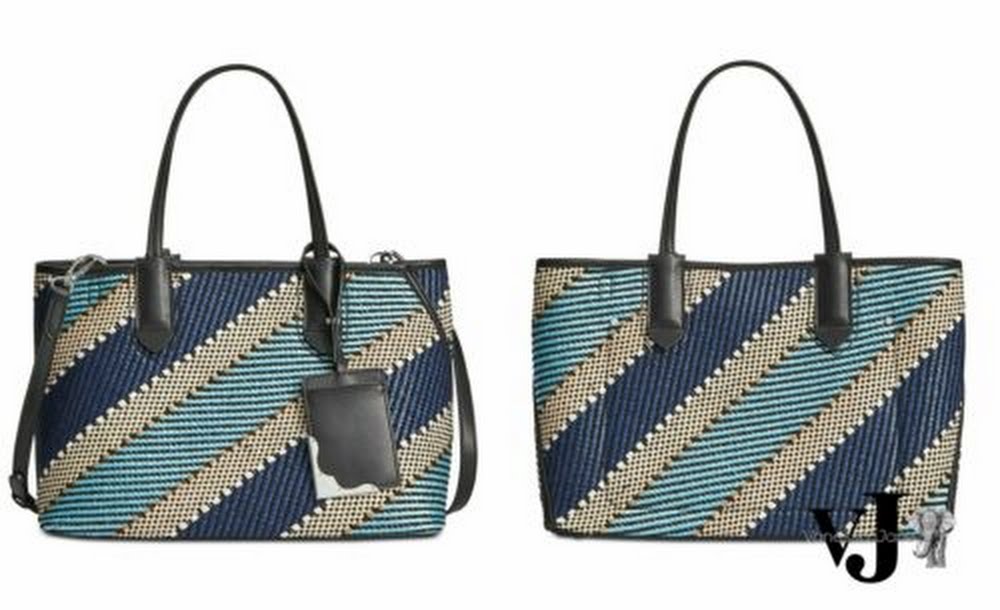 Raffia stripe tote bag with leather trim blue beige stripes by Vanessa Jane set of 2 on Tampa Home & Garden Store