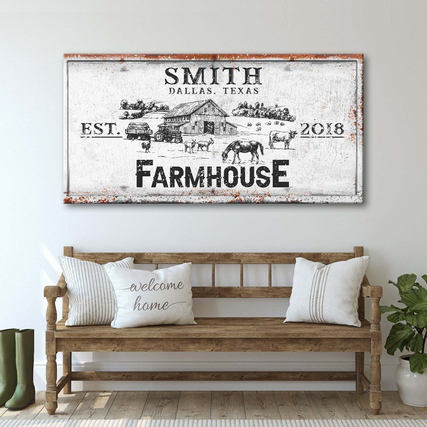 Rustic Farmhouse Personalized Sign II canvas by Tailored Canvases with barn scene on Tampa Home & Garden Store