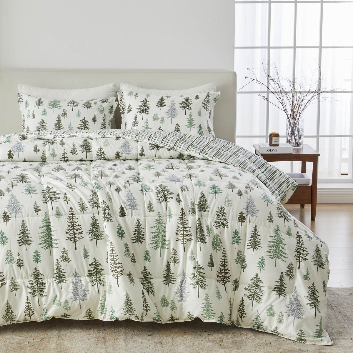 Reversible Christmas Comforter and Sham Set with pine tree print on white backdrop 2 shams on Tampa Home & Garden Store