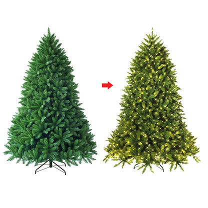 Hinged Artificial Fir Christmas Tree with LED Lights by DirectDeals, two trees lit and unlit on Tampa Home & Garden Store