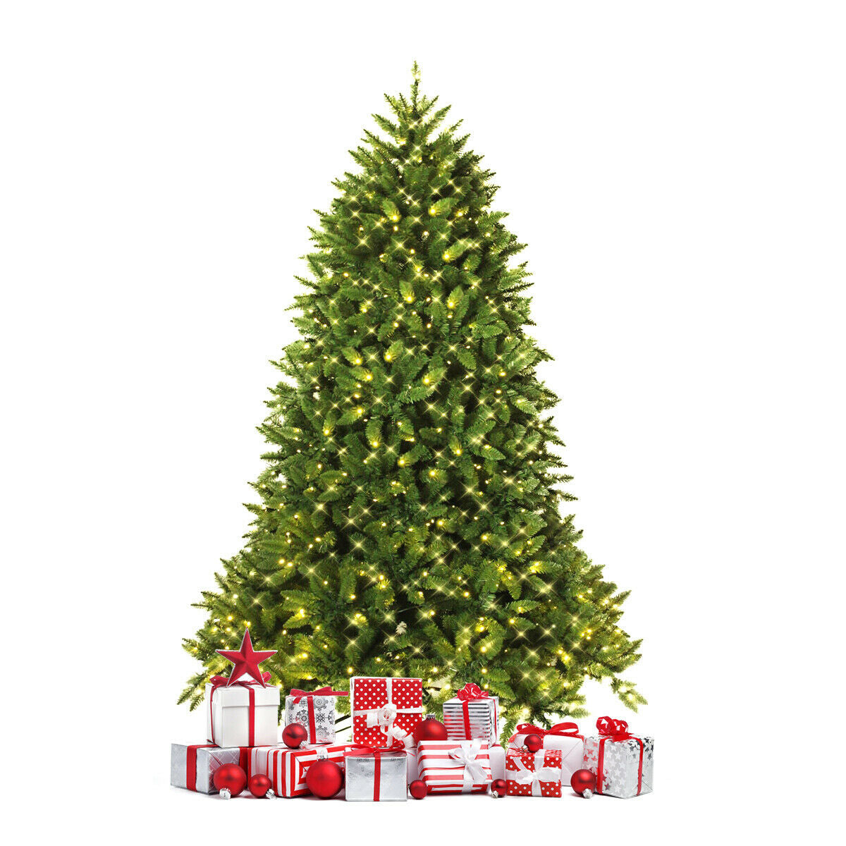 Premium Hinged Artificial Fir Christmas Tree with LED Lights DirectDeals, gifts at base on Tampa Home & Garden Store
