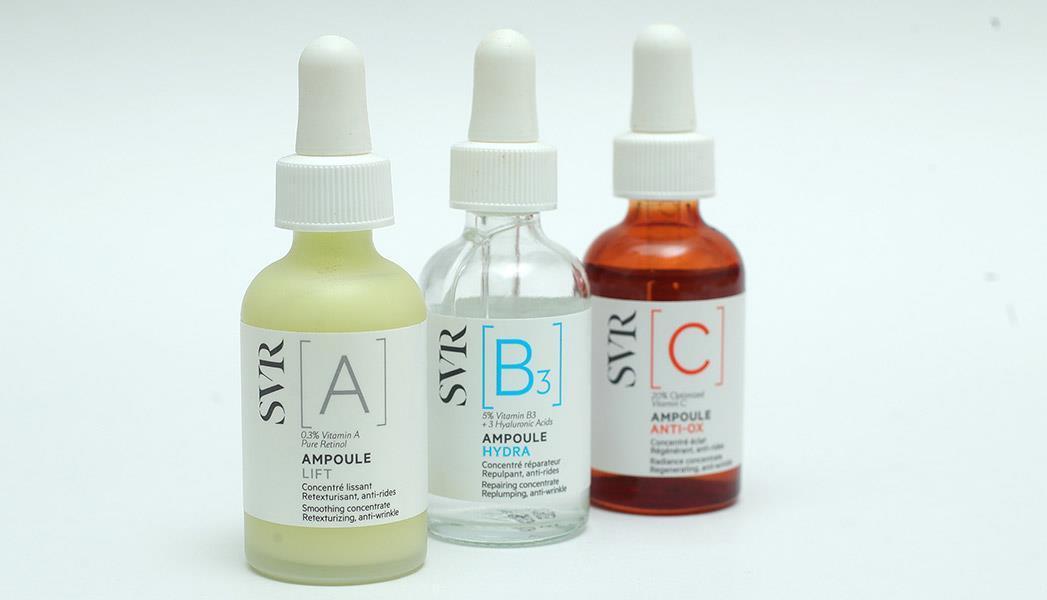 Three SVR face serum ampoules A, B3, C with yellow A, clear B3, amber C on Tampa Home & Garden Store