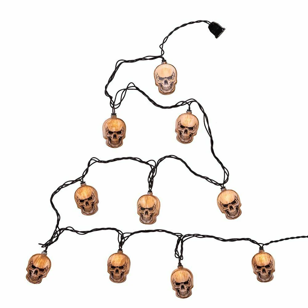 Skull Head 10-Light String Set with orange skull bulbs on twisted black wire for Halloween on Tampa Home & Garden Store