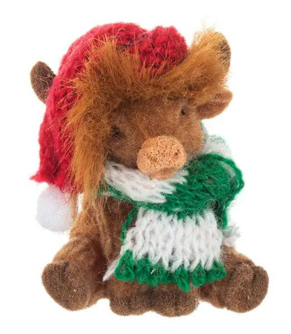 Holiday Highland Cow Charm with Santa Hat brown plush cow with red hat and green scarf on Tampa Home & Garden Store